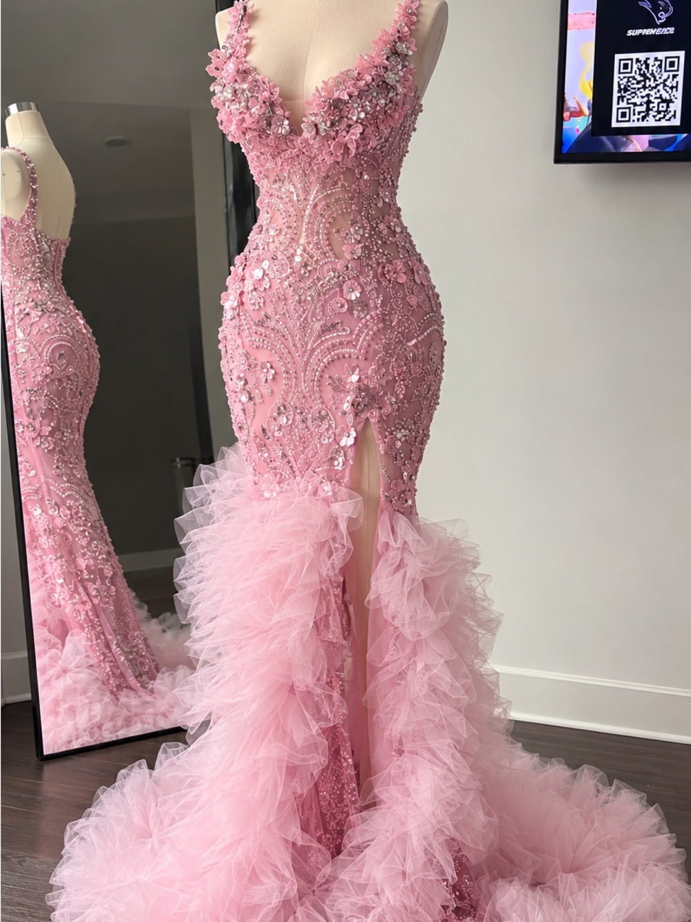 Pink Beaded Floral Mermaid Evening Gown